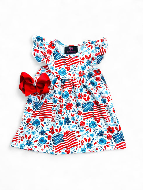 Girls Boho Patriotic Dress with Matching Bow - Bowtism